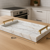 Bandeja Decorativa Mármore Branco com Alças Douradas 40x25cm